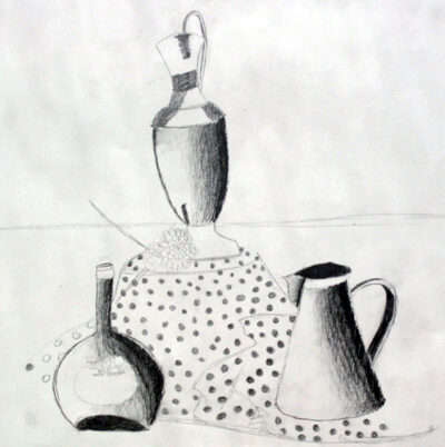Black and white pencil on paper by Innie Buang, Year 8, Mowbray College Student artwork of a still life