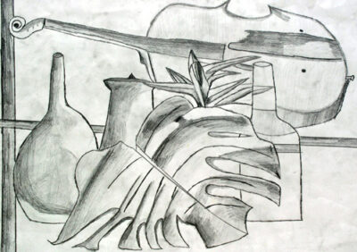 Black and white pencil on paper by William Leeder, Year 8, Mowbray College Student artwork of a still life