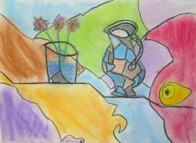 Pastel on paper by Mariah Lagaris, Year 5, St John’s College Preston Student artwork of a still life with flowers