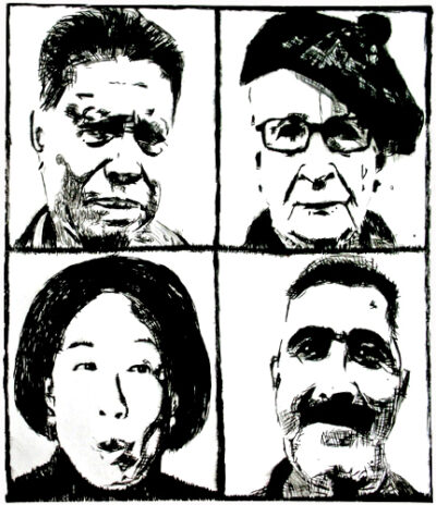 Dry point etching by Annabel Gillies, Year 11 Student artwork of a collage of four portraits