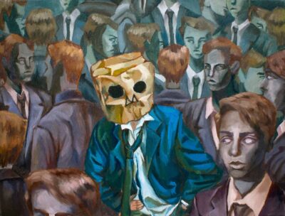 Oil painting on canvas by Bao Nguyen, Year 12, Beaconhills College Student artwork of a figure wearing a paper bag and surrounded by zombie-like people