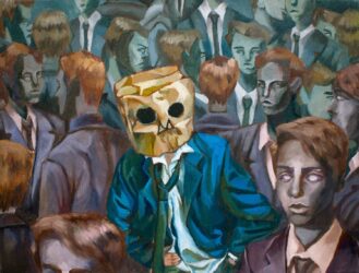 Oil painting on canvas by Bao Nguyen, Year 12, Beaconhills College Student artwork of a figure wearing a paper bag and surrounded by zombie-like people