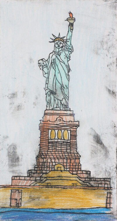 Etching with mixed media by Daniel Bohnenkamp, Year 7, Beaconhills College Student artwork of the Statue of Liberty