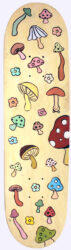 Acrylic paint and Posca markers on skateboard deck by Isabella Ta, Year 11, Camberwell Girls’ Grammar School Student artwork of mushrooms on a skateboard deck