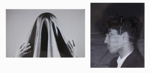 Digital photographs on foam core by Saliha Safdari, Year 10, Hume Anglican Grammar Student artwork of a person with their head covered by cloth and a boy with elastic bands around his face