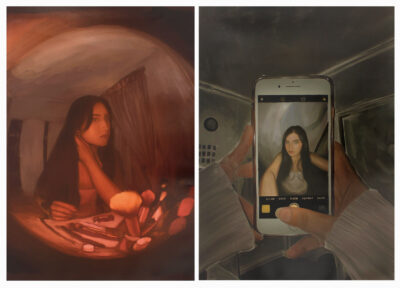 Digital painting by Nethra Dona, Year 12, Hume Anglican Grammar Student artwork of a girl going about her morning routine and a girl taking a selfie
