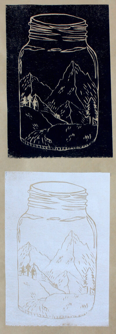 Lino print on paper by Avaya Pola, Year 10, Huntingtower Student artwork of black and white jars with landscapes within them