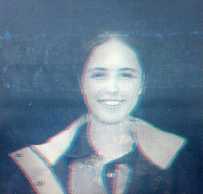 Printed overhead projection sheets and LED lights assemblage, Isabelle Darcy, Year 11, Huntingtower Student artwork of a self-portrait with lightbox