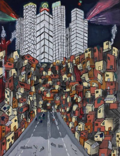 Oil paint on canvas by Ollie Gorander, Year 11, Huntingtower Student artwork of a dystopian cityscape