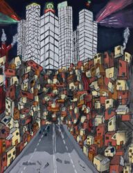 Oil paint on canvas by Ollie Gorander, Year 11, Huntingtower Student artwork of a dystopian cityscape