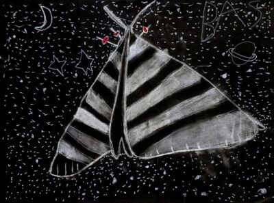 Chalk pastels on paper by Sebastian Price, Year 3, Melbourne Montessori School Student artwork of a black and white moth