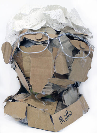 Cardboard and paper by Mietta Waldron, Year 5, Melbourne Montessori School Student artwork of a cardboard portrait bust