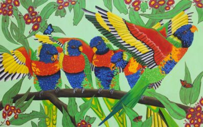 Acrylic paint on canvas by Radha Tiedgen, Year 8, Sophia Mundi Steiner School Student artwork of a flock of lorikeets on a branch