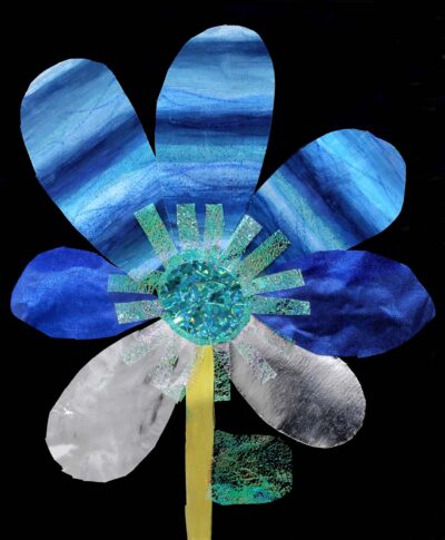Mixed media collage by Annabelle Chan, Year 2, Yarra Valley Grammar Student artwork of a blue collage flower