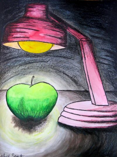 Pastel and ink on paper by Alistair Stewart, Year 11, Ballarat and Clarendon College Student artwork of an apple under a lamp