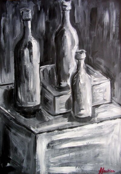 Acrylic on paper by Frances Jackson, Year 11, Ballarat and Clarendon College Student artwork still life with bottles