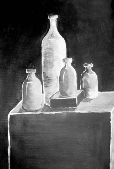 Acrylic on paper by Grace Owen. Year 11, Ballarat and Clarendon College Student artwork still life with bottles