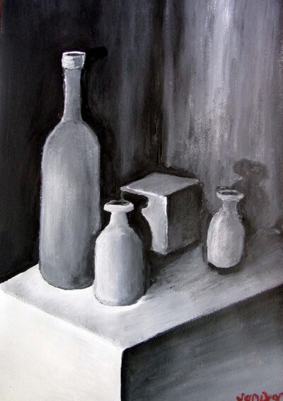 Acrylic on paper by Samantha Dean, Year 11, Ballarat and Clarendon College Student artwork still life with bottles