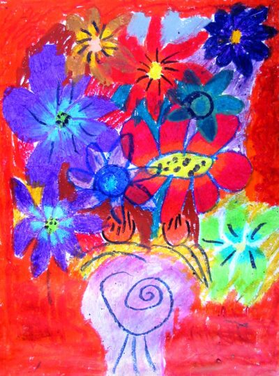 Oil pastel on paper by Clare Stewart, Year 4, Ballarat Grammar Student artwork of flowers in a vase