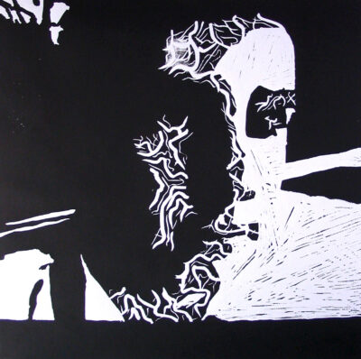 Lino cut print by Michael Williams, Year 10, Ballarat Grammar Student artwork of a black and white self-portrait