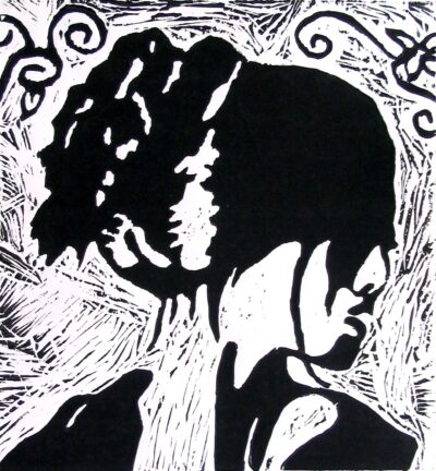 Lino cut print by Amy Louise Gladman, Year 10, Oxley College Student artwork of a girl in profile
