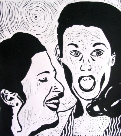 Lino cut print by Stephanie Freeman, Year 12, Oxley College Student artwork of two girls with amused expressions