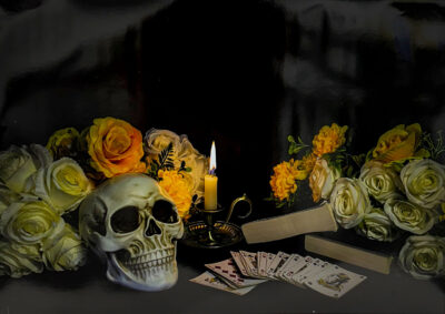 Digitally manipulated image by Kendra McConnel, Year 11, Hume Anglican Grammar School Student photography of a skull with roses and a candle