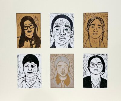 Linocut print on paper by Ruhani Mangat, Imisioluwa Orekoya, Ritika Pandya, Paramveer Singh, Neha Shahna and Arshiya Poudel, Year 8, Hume Anglican Grammar School Student artwork of a self-portrait