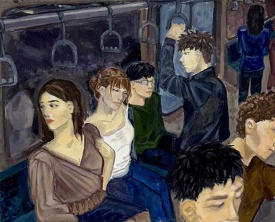 Oil paint on canvas by Veronika Beato, Year 10, Hume Anglican Grammar School Student artwork of people travelling on a train