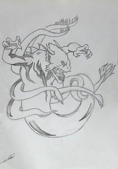 Pen and ink on paper by Abdul Halik, Year 10, Ilim College Student artwork of a dragon