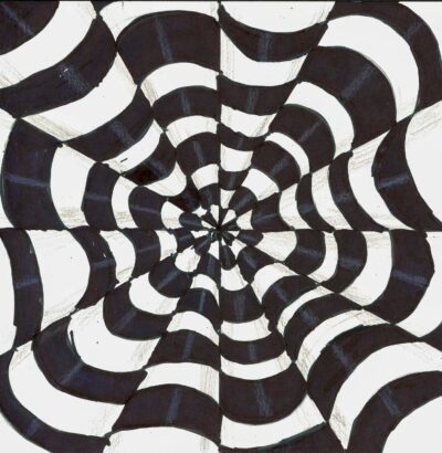 Fibre-tipped pen on paper by Amal Ali, Year 5, Ilim College Student artwork of a black and white illusion pattern