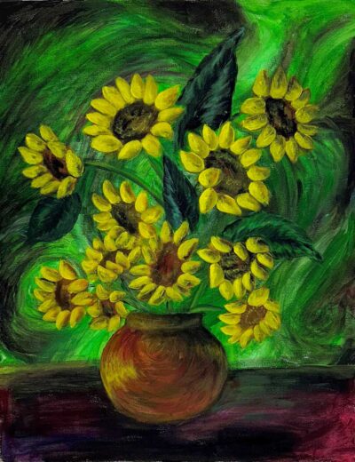Acrylic paint on canvas by Hamna Nizami, Year 10, Ilim College Student artwork of sunflowers in a vase on a green background