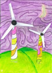 Oil pastel and mixed media on paper by Jasmine Hassan, Year 6, Ilim College Student mixed media artwork of windmills