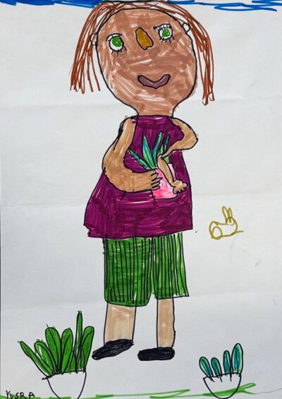 Fibre-tipped pen on paper by Yusra Gokler, Prep, Lowther Hall Anglican Grammar School Student artwork of a woman holding a cactus