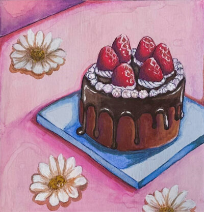 Gouache on paper by Rosie Rudin, Year 7, Lowther Hall Anglican Grammar School Student artwork of a still life with chocolate cake