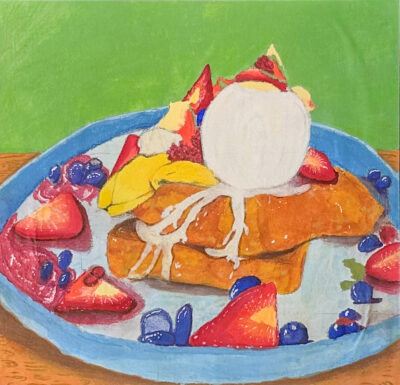 Gouache on Paper by Victoria Panayi, Year 7, Lowther Hall Anglican Grammar School Student artwork of a still life with French toast