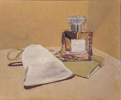 Gouache on paper by Mia Lin, Year 7, Lowther Hall Anglican Grammar School Student artwork of a still life with perfume bottle