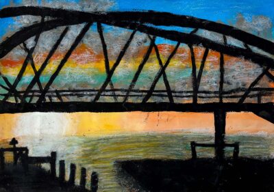 Acrylic on paper by Michelle Chen, Year 6, St Andrew’s Christian College Student artwork of a bridge over water at sunset